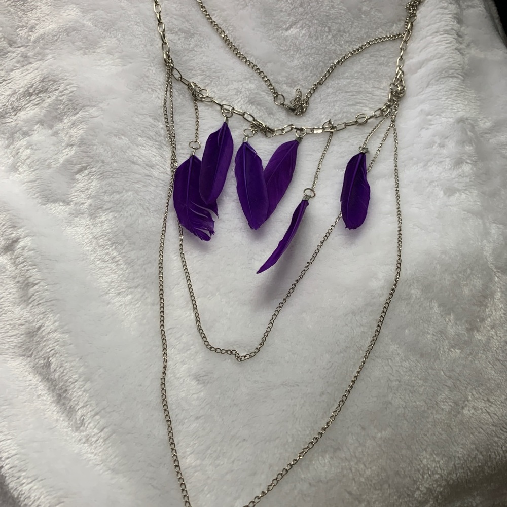 Silver and purple feathered necklace